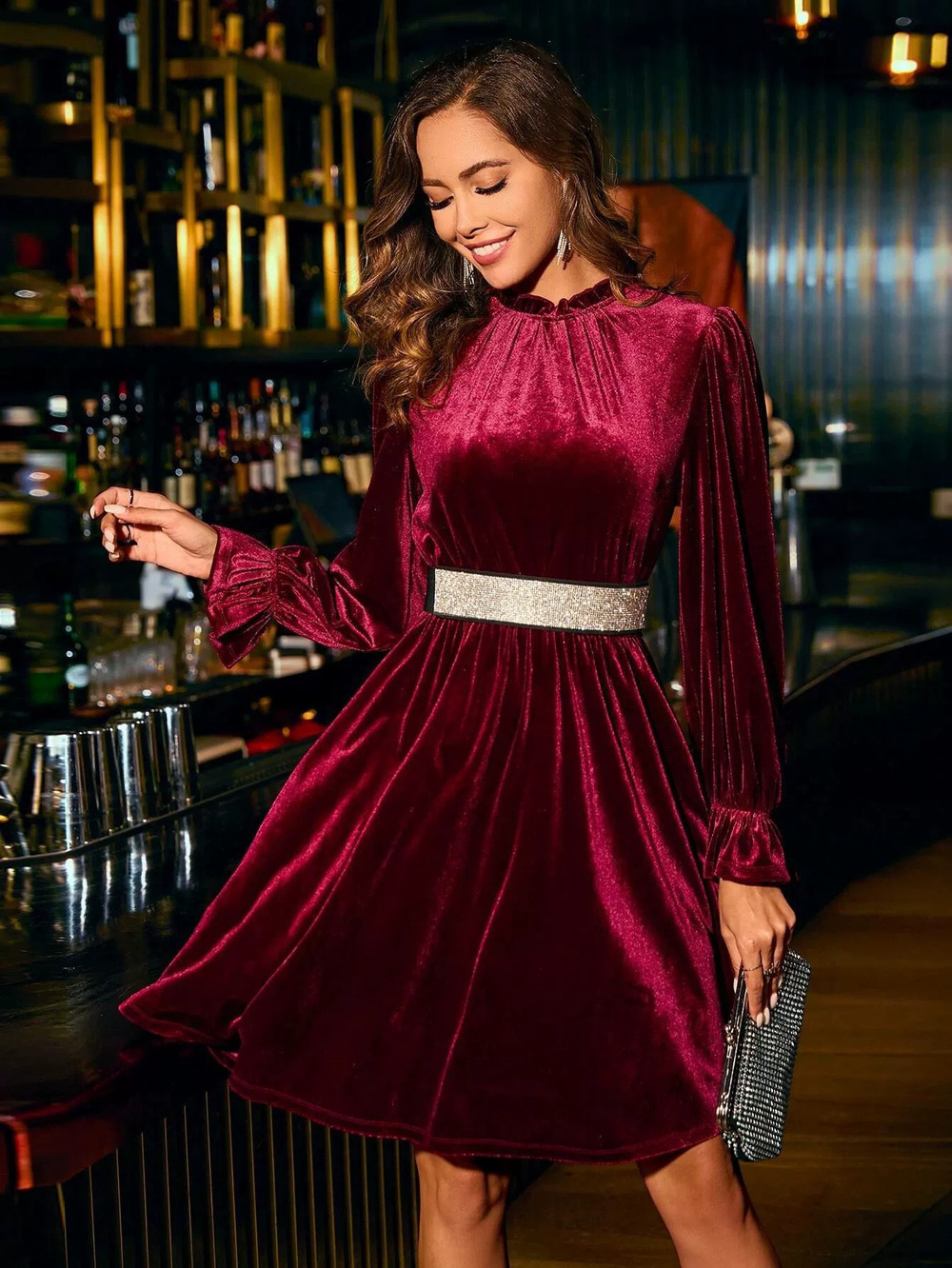 ZARA Velvet Party Dress Elegant Mock Neck Waist Slimming Flared Short Skirt